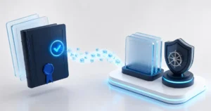 Ilustração 3D de uma cédula de crédito com selo de validação sendo transferida em blocos digitais para documentos em uma plataforma segura