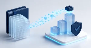 Ilustração 3D de documentos de cessão enviados em blocos digitais para uma estrutura de cotas em camadas com escudo, sobre uma plataforma iluminada