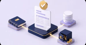 Ilustração 3D de uma duplicata digital com selo de verificação, ligada a um livro de registro, um banco de dados e um cofre com moedas