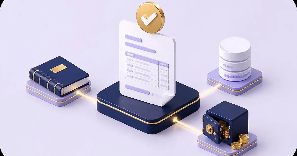 Ilustração 3D de uma duplicata digital com selo de verificação, ligada a um livro de registro, um banco de dados e um cofre com moedas