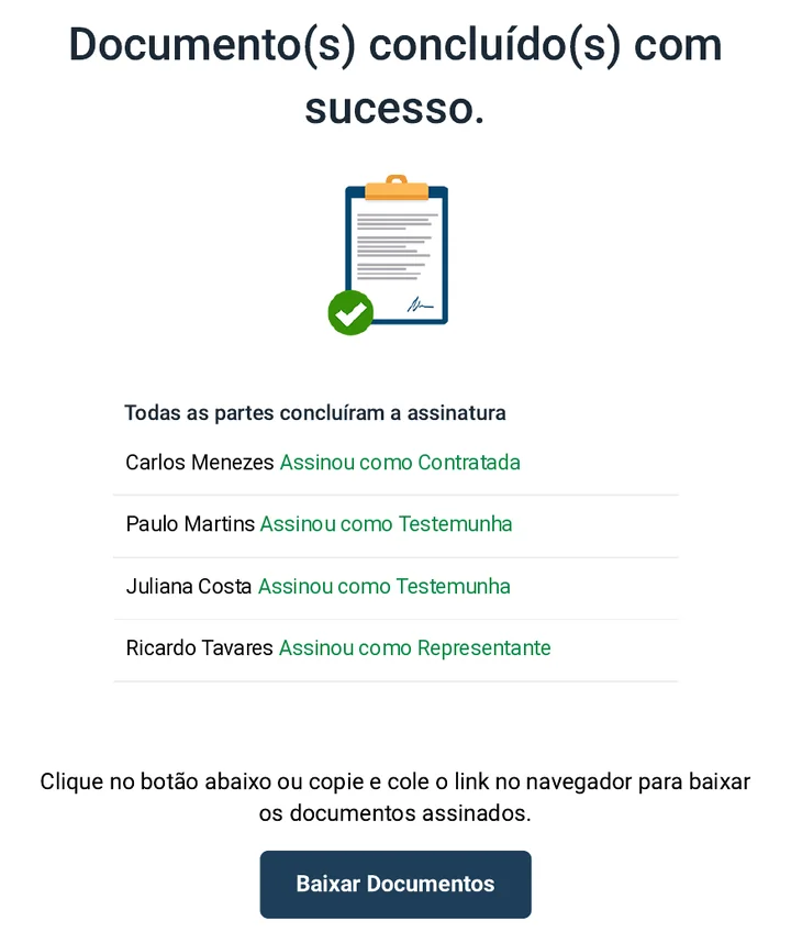 E-mail da Flixsign informando que todas as partes concluíram a assinatura do documento