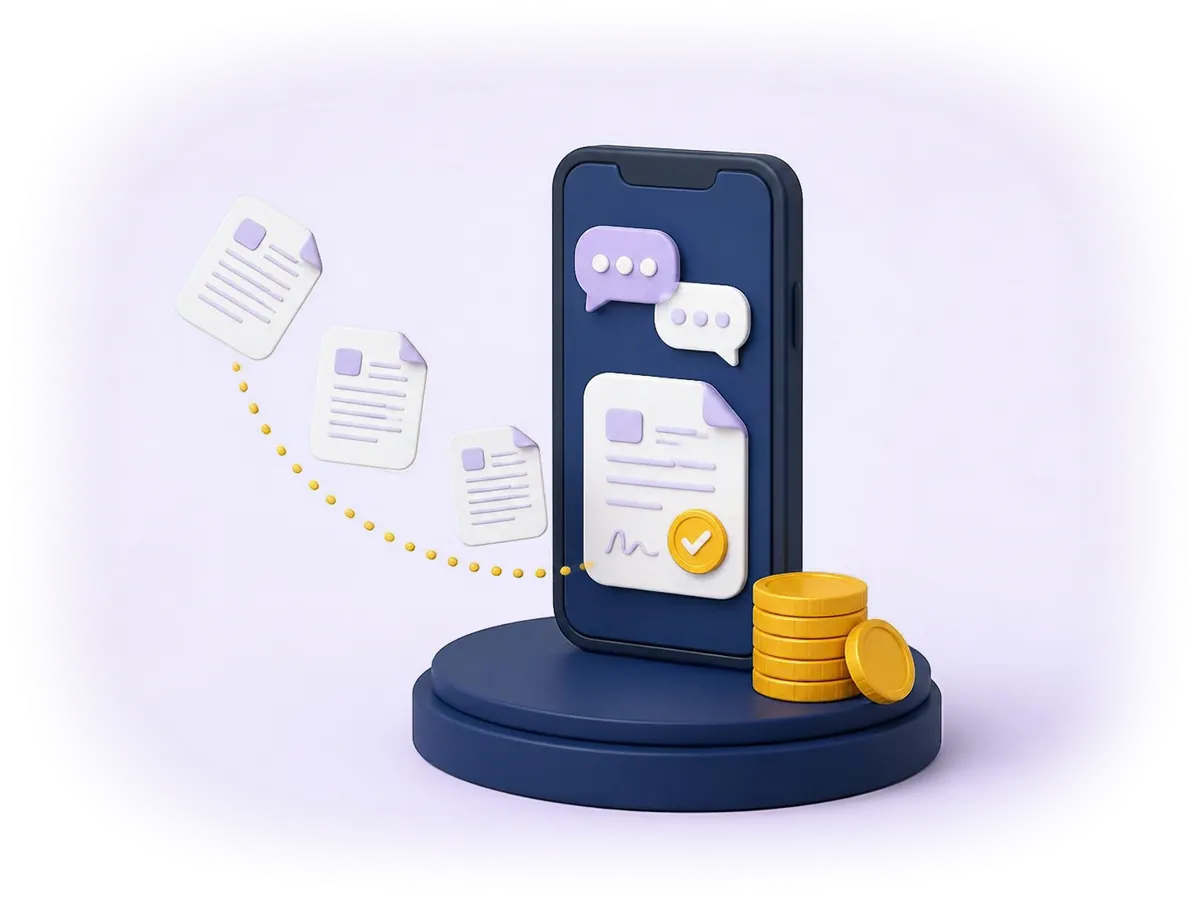 Ilustração 3D de celular com mensagens e borderô assinado, representando a assinatura eletrônica para factoring