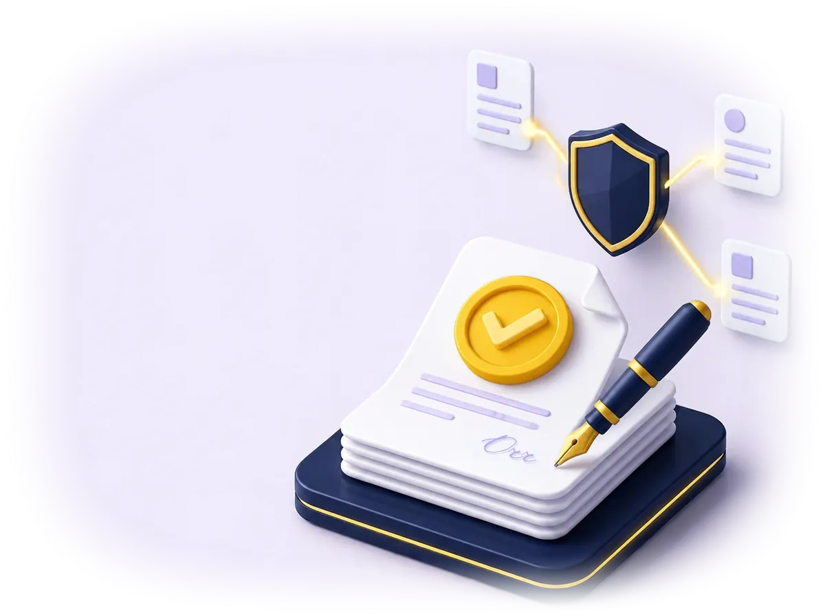 Ilustração 3D de contratos assinados digitalmente com selo de aprovação, caneta e escudo de segurança