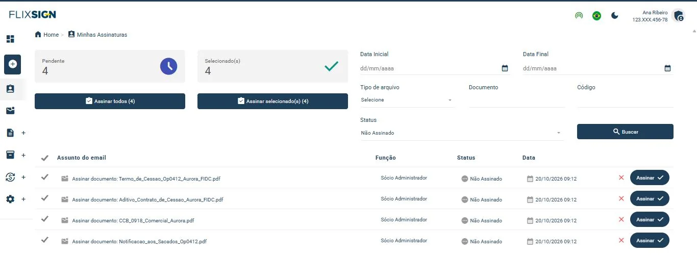 Tela Minhas Assinaturas da Flixsign com quatro documentos pendentes e o botão Assinar todos