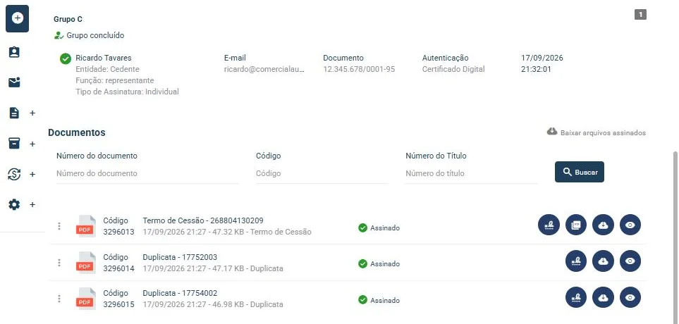 Tela da Flixsign com termo de cessão e duplicatas de uma operação, com o status de assinatura de cada documento