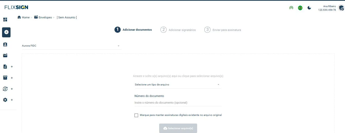 Tela da Flixsign para criar um envelope em três etapas: adicionar documentos, adicionar signatários e enviar para assinatura