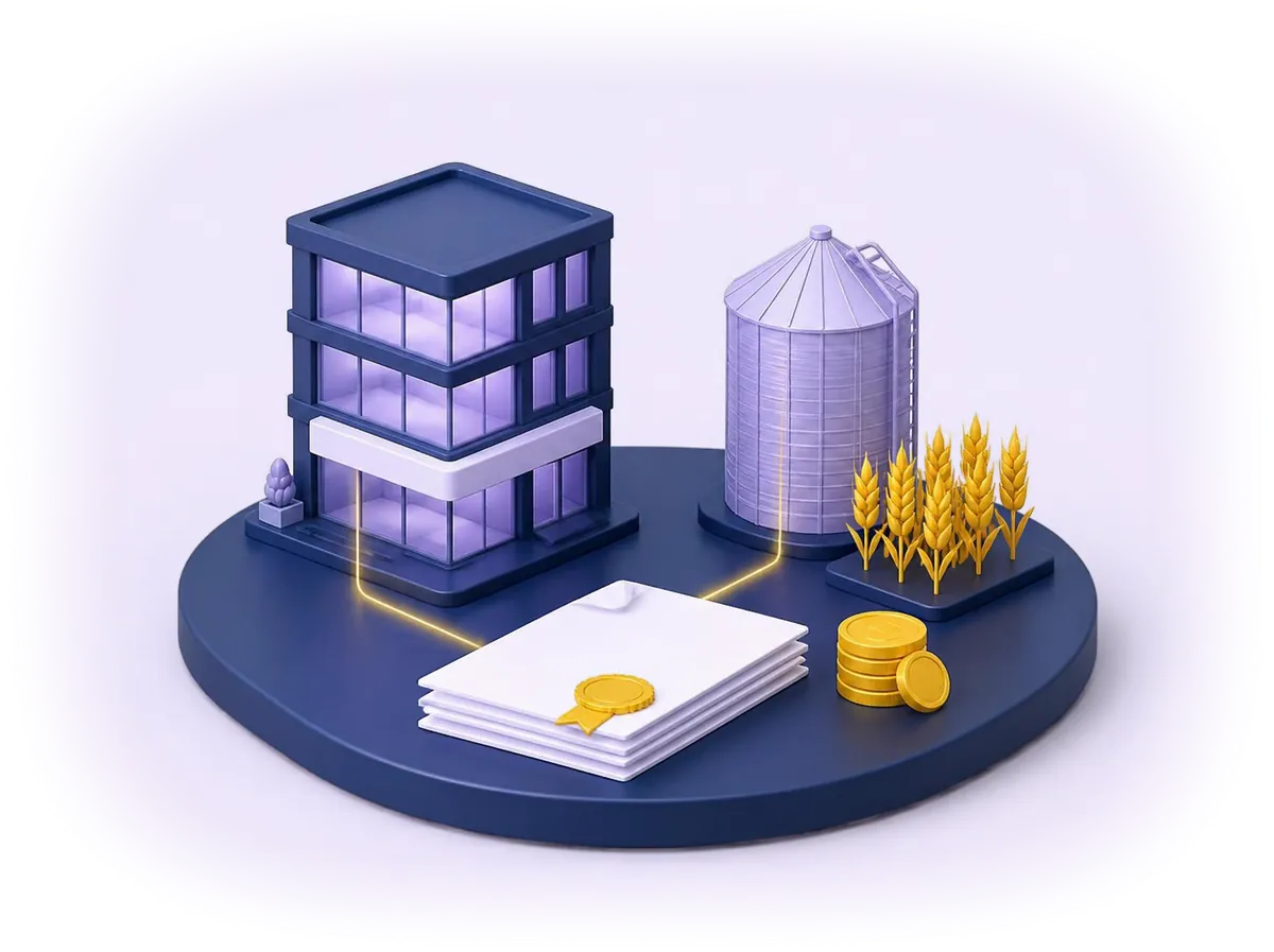 Ilustração 3D de prédio comercial e silo agrícola ligados a contratos selados, representando a securitização