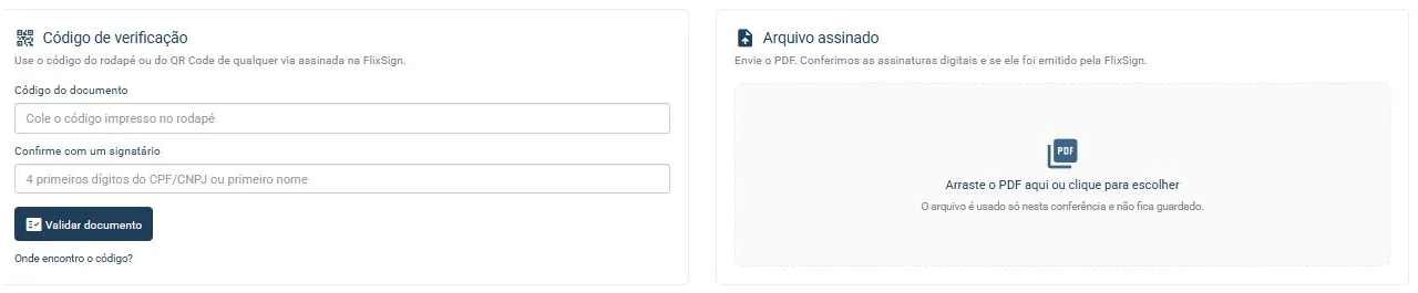 Página de validação da Flixsign: conferência pelo código do documento ou pelo envio do PDF assinado
