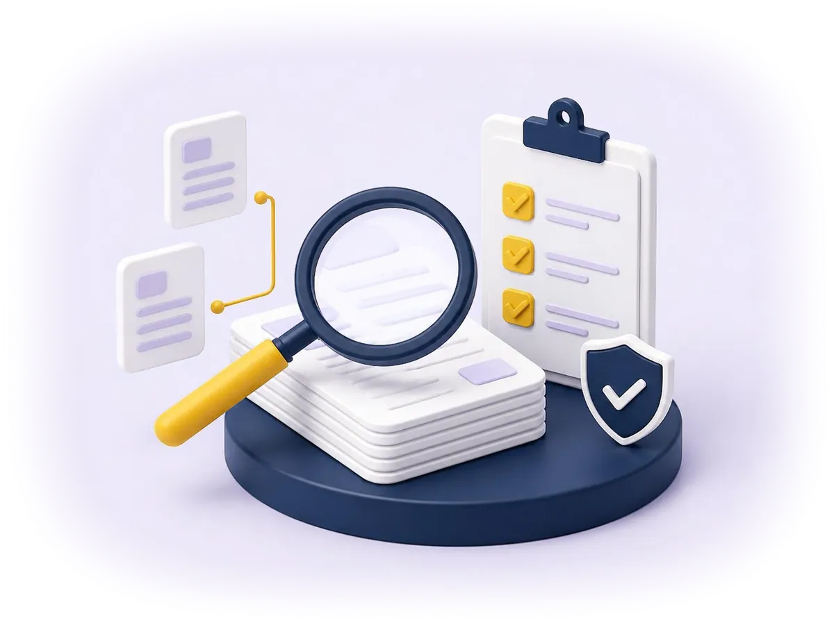 Ilustração 3D de lupa sobre notas fiscais e checklist, representando a validação de lastro de FIDC