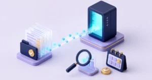 Ilustração 3D sobre a Resolução CVM 247: documentos enviando dados a um sistema central de informações de crédito, com lupa, calendário e moeda com selo de verificação