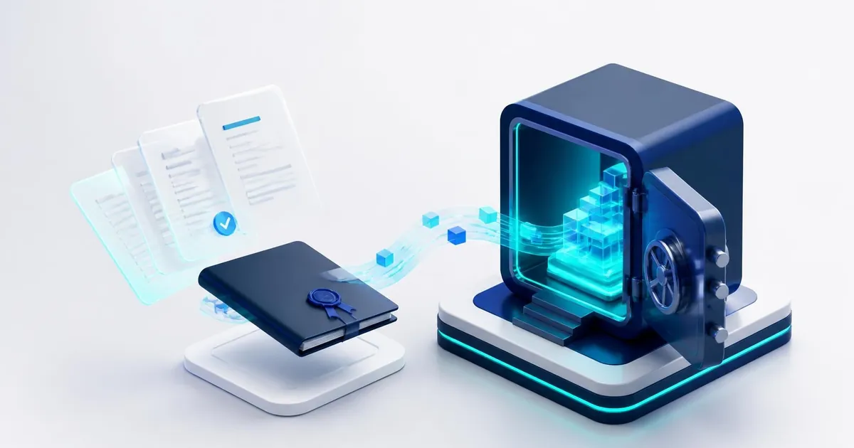 Ilustração 3D de documentos e termo de cessão sendo transferidos para um cofre digital de FIDC